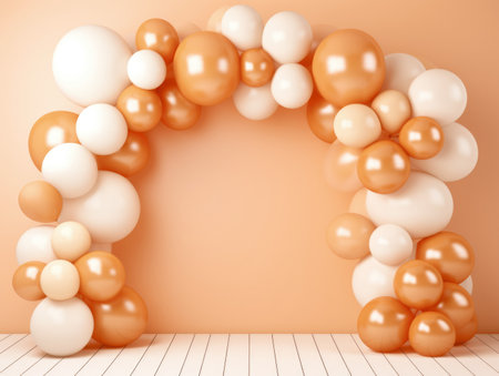 A balloon arch made of white and orange balloons. Peach fuzz, trendy color of the year 2024.の素材
