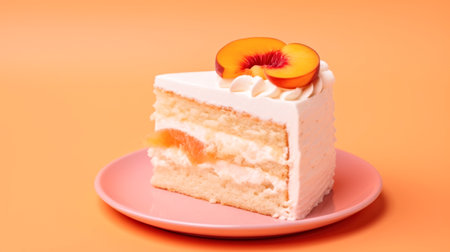 A piece of cake on a pink plate. Peach fuzz, color of the year 2024, monochromatic image.の素材