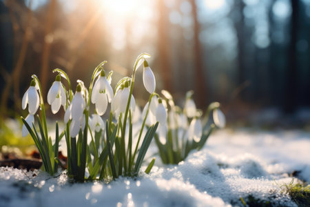 A group of snowdrops are in the snow.の素材