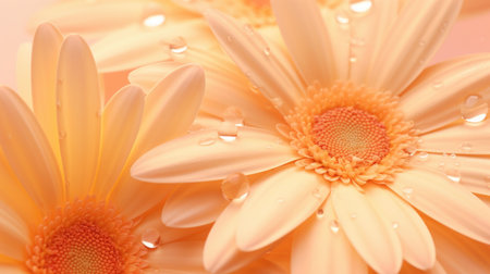 A close up of a bunch of flowers with water droplets. Peach fuzz, trendy color of the year 2024.の素材