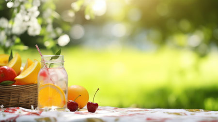 A pitcher of lemonade next to a basket of fruit. Summer picnic in garden outdoors.の素材