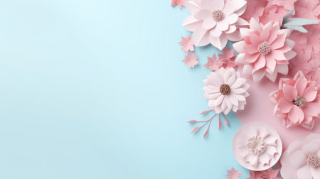 Pink paper flowers on a blue background. Greeting card background for birthday, mothers day, easter celebrations.の素材