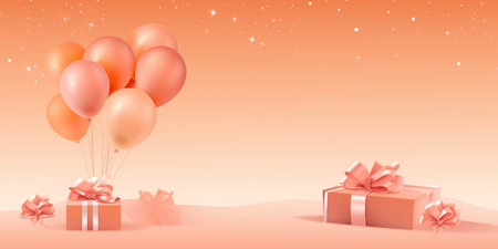 A bunch of balloons and gift boxes in the snow. Peach fuzz, trendy color of the year 2024.の素材