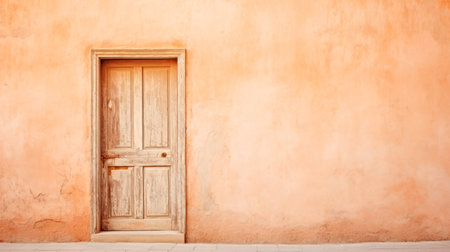 A wooden door sitting in front of a wall. Peach fuzz, color of the year 2024, monochromatic image.の素材
