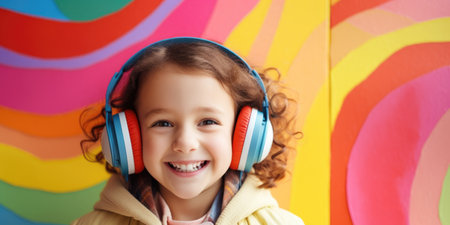A little girl wearing headphones standing in front of a colorful wall.の素材