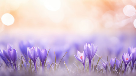 A field of purple flowers in the sunlight. Header, footer, panoramic banner image.の素材
