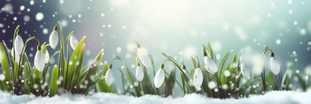 A group of snowdrops in the snow. Header, footer, panoramic banner image.の素材