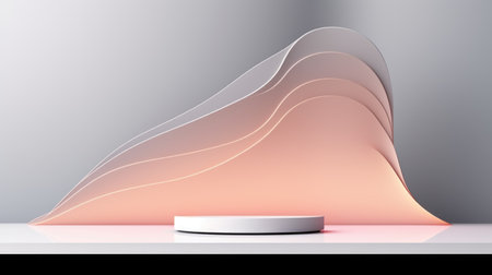 A white pedestal on a white surface with a pink background. Podium, stage, mockup for a beauty product.の素材