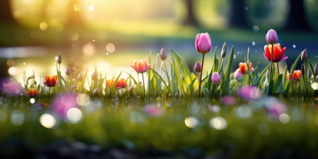 A bunch of flowers that are in the grass.の素材