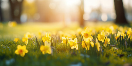 A field of yellow flowers in the sun. Springtime flowers, daffodils in a garden.の素材