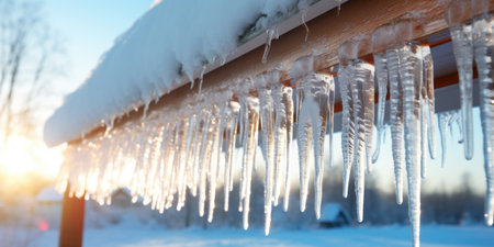 Icicles hanging from a wooden structure in the snow.の素材