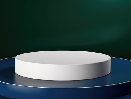 A round white object on a blue surface. Podium, stage, mockup for a beauty product.の素材