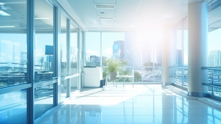 A room with a view of a city. Empty hospital hallway.の素材