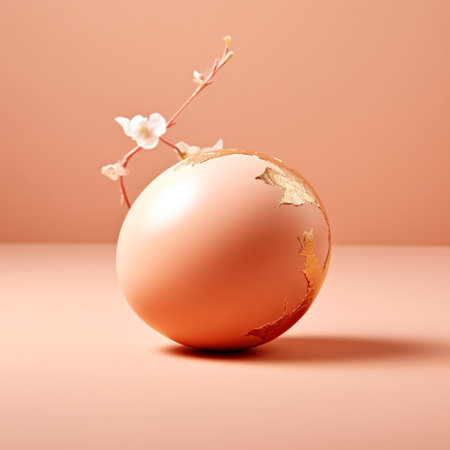 An egg with a flower in it sitting on a table. Peach fuzz, color of the year 2024, monochromatic image.の素材