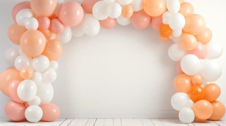 An arch made of balloons in a white room. Peach fuzz, trendy color of the year 2024.の素材