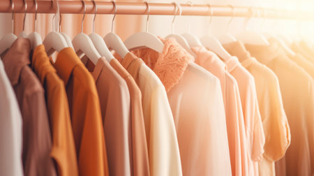 A row of clothes hanging on a rail. Peach fuzz, trendy color of the year 2024.の素材