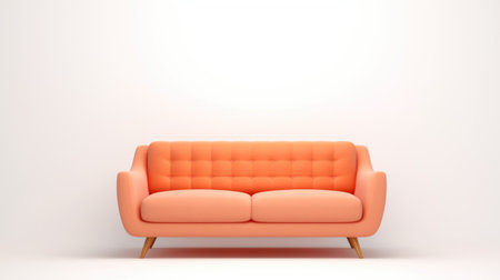 An orange couch against a white wall. Peach fuzz, trendy color of the year 2024.の素材