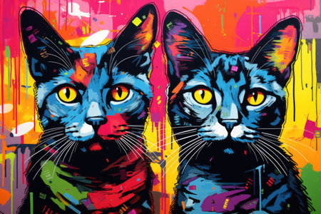 A couple of cats sitting next to each other. Colorful pop art image, graffiti style.の素材