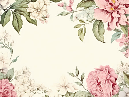 A picture of a floral frame with pink and white flowers. Vintage floral design, frame with flowers.の素材