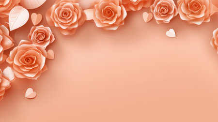 A bunch of paper flowers on a pink background. Peach fuzz, trendy color of the year 2024.の素材