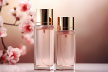 A couple of perfume bottles sitting on top of a table.の素材