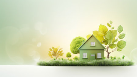 A green house sitting on top of a lush green field. Springtime background with copy-space.の素材