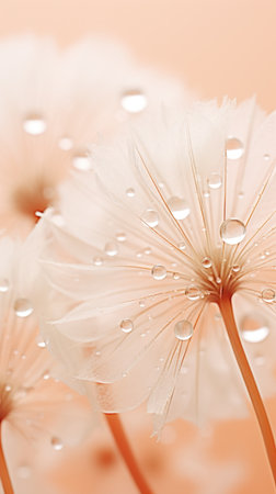 A bunch of white flowers with water droplets on them. Peach fuzz, trendy color of the year 2024.の素材