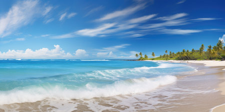 A sandy beach with a blue ocean and palm trees.の素材