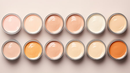 A row of paint cans filled with different colors. Peach fuzz, trendy color of the year 2024.の素材
