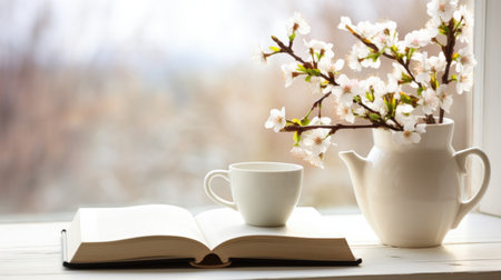 A cup of coffee and a book on a window sill. Springtime background.の素材