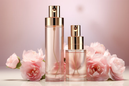 A couple of bottles of perfume next to some pink flowers.の素材