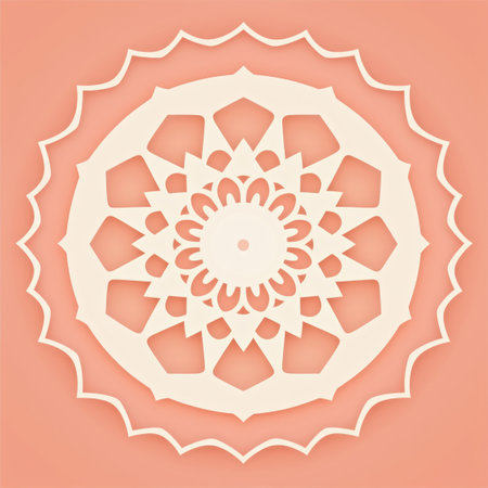 A paper cut snowflake on a pink background. Peach fuzz, trendy color of the year 2024.の素材