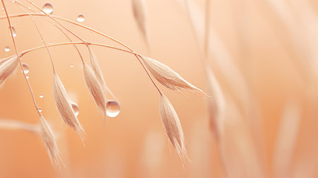 A close up of a plant with water droplets on it. Peach fuzz, trendy color of the year 2024.の素材