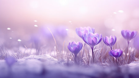 A bunch of purple flowers that are in the snow. Header, footer, panoramic banner image.の素材