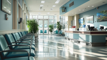 A row of blue chairs in a hospital lobby.の素材
