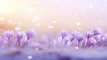 A bunch of purple flowers in the snow. Header, footer, panoramic banner image.の素材