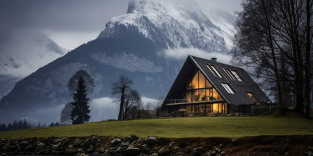 A house on a hill with a mountain in the background.の素材