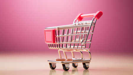 A miniature shopping cart sitting on top of a table.の素材