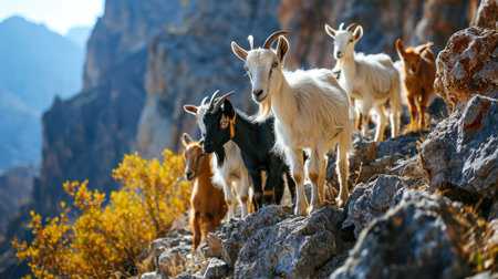 A group of goats standing on top of a rocky hill.の素材