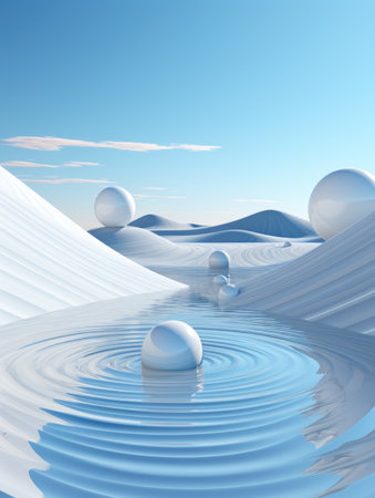 A group of spheres floating on top of a body of water. Abstract blue wallpaper background.の素材