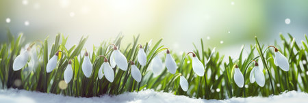 A group of snowdrops sitting in the snow. Header, footer, panoramic banner image.の素材