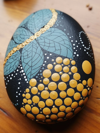 A painted rock sitting on top of a wooden table.の素材