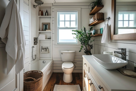 A bathroom with a sink, toilet, and bathtub. Small bathroom with a window.の素材