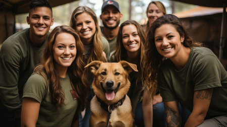 A group of people and a dog posing for a picture. Animal rescue team, workers or volunteers posing for a picture.の素材