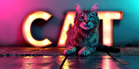 A cat sitting in front of a neon sign spelled cat.の素材