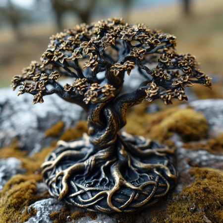 A metal bonsai tree sitting on top of a rock. Small decorative metal object.の素材