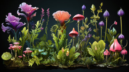 In a fantastical garden, whimsical surreal flowers bloom with vibrant colors and intricate details. Each petal dances with surreal twists, kaleidoscope of imagination and artistic flair.の素材