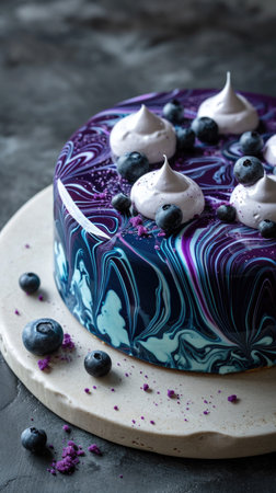 A cake with blueberries and whipped cream on top. Tasty colorful galaxy cakeの素材