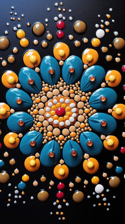 Close-up on colorful mandala, ornate geometric pattern with point dots in orange and cyan on dark background.の素材