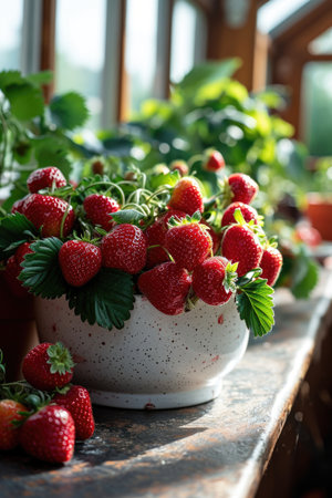 Strawberry plant in a pot with vibrant green foliage and ripe red strawberries is sitting on a windowsill.の素材